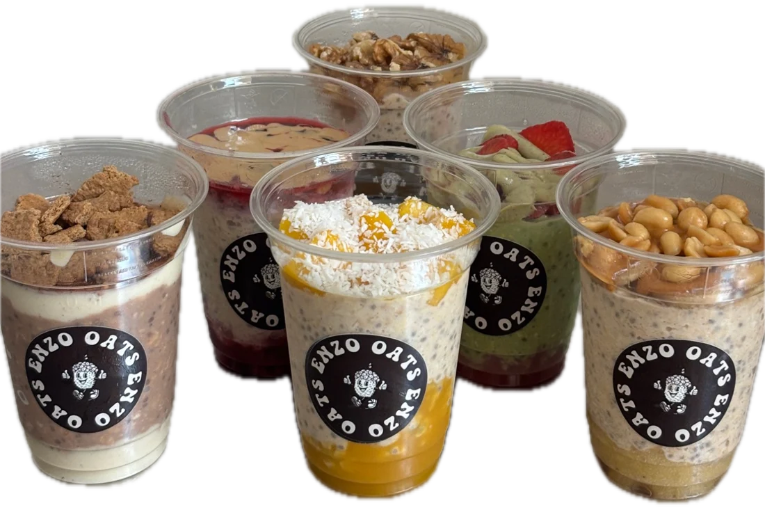 Alle Overnight-Oats-Sorten von Enzo Oats nebeneinander